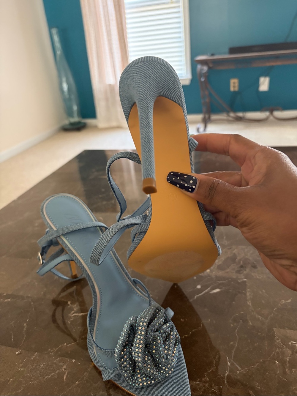 Light Blue Floral Slide Sandals with Heel